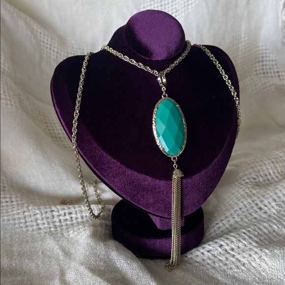 Premier Designs "CECE" Double-Sided Teal Blue Pendant Necklace NWT Gold Tone - Picture 2 of 12